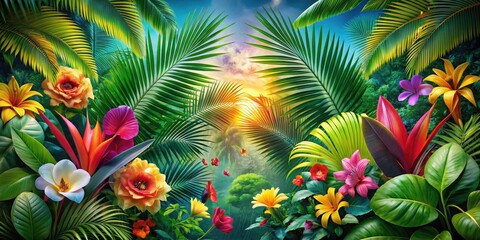 Tropical Sign Double Exposure Photography with Lush Foliage and Vibrant Colors, Ideal for Travel and Nature Themes, Capture the Essence of Tropical Paradise Environments and Adventures