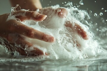 Fototapeta premium Close-up of hands under a sleek water tap, creating a cascade of clear water and fluffy soap suds, with a soft gray isolated background