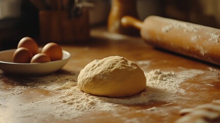 Fototapeta premium Fresh dough on floured wooden surface with eggs and rolling pin
