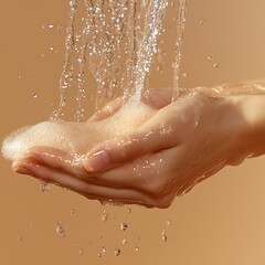 Fototapeta premium Close-up of hands washing under a tap, with rich foam and running water, isolated on a neutral beige background, sharp focus and high resolution