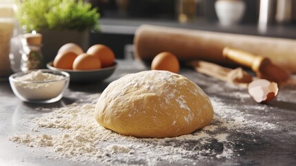 Fototapeta premium Fresh dough on floured surface with eggs and rolling pin in kitchen