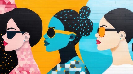Fototapeta premium Vibrant Artistic Mural Depicting Three Elegant Women with Sunglasses Against a Bold Geometric Background Suggesting Empowerment and Diversity in Contemporary Art