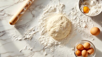 Preparing dough on a floured marble surface with eggs and rolling pin