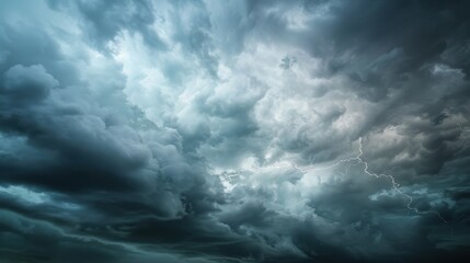 Obraz premium a dramatic thunderstorm brewing on the horizon, painting the sky with dark clouds and flashes of lightning, white space in the center of the page for text