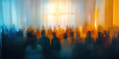 Fototapeta premium Blurred representation of a seminar room filled with diverse attendees, highlighted by an abstract background and defocused lighting.