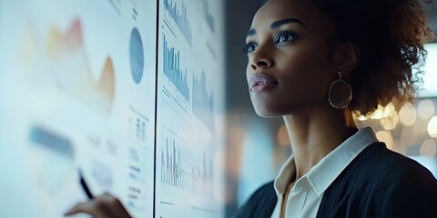 A businesswoman defining strategic objectives, while colleagues review key performance indicators and market analysis.