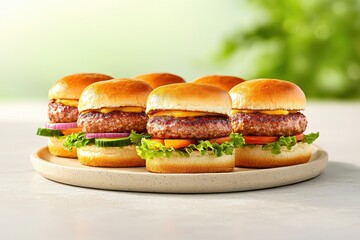 A delicious platter of mini burgers featuring juicy patties, cheese, and fresh toppings, perfect for sharing or a tasty snack.