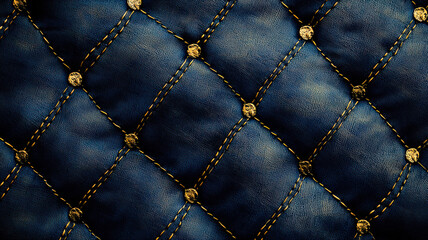 Fototapeta premium Luxurious Royal Blue Gold Fabric. Rich texture with folds & golden stitching. Elegant & opulent textile background. Premium quality & sophisticated.