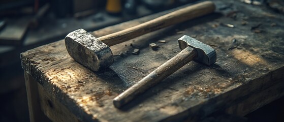 Workshop hammers on old wood; tools, craft