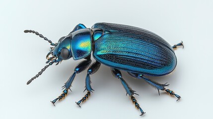 Fototapeta premium Close-up of a vibrant blue iridescent beetle isolated on white background.