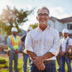 cheerful property owner standing in the foreground, with a group of proud contractors positioned slightly behind him