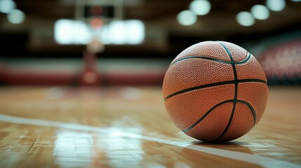 Close-up of a basketball on a court, ready for the next big game. The image captures the essence of this exciting sport, highlighting the ball's texture and the court's polished surface.