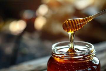 skinny curved dark honey container with a clear white label on it