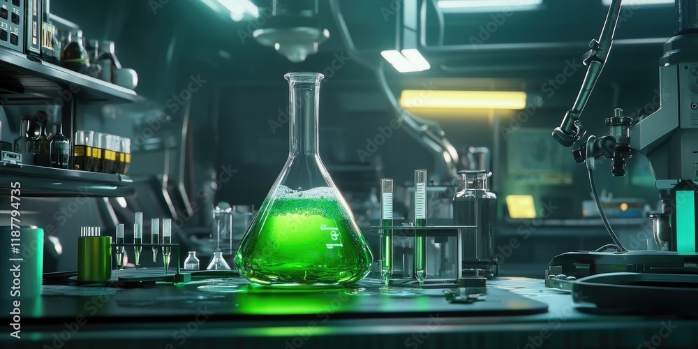 Poster a laboratory scene highlights a flask bubbling with green liquid, surrounded by sophisticated scient