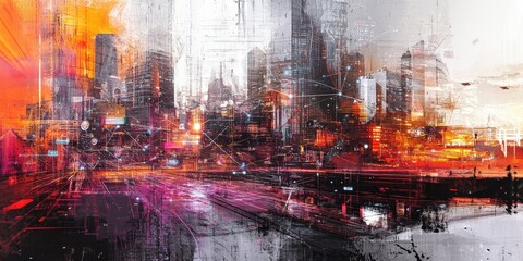 Obraz premium A futuristic cityscape with lines connecting smart devices and individuals, representing the Internet of Things.