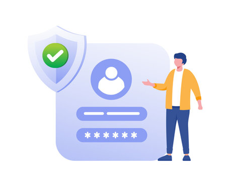 Businessman Highlighting Online Login Details and Security Shield Illustrations