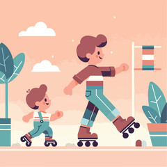 vector image of a small child playing on roller skates