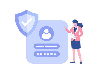 Businesswoman Highlighting Online Login Details and Security Shield Illustrations