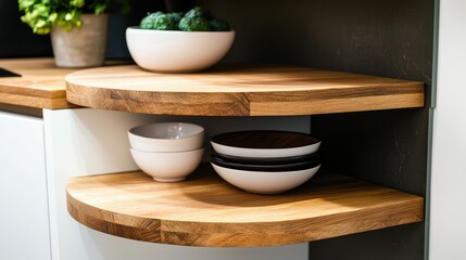 A compact kitchen corner featuring wooden shelves and a commode with matching wood tones.