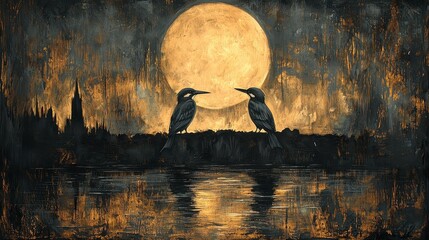 Two birds facing each other at night under a large moon, overlooking a city skyline reflected in water.