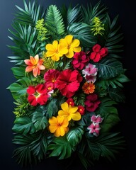 Vibrant tropical flowers and lush foliage arrangement.