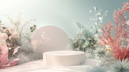 13.A 3D-rendered landscape with a podium nestled among delicate flowers and abstract plant forms in pastel hues. The minimalistic composition showcases a balance between nature-inspired elements and