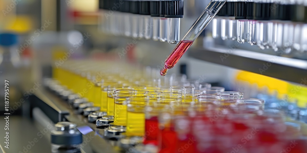 Poster A laboratory table is filled with colorful reagents and glassware, showcasing a close-up of a dropper in action.