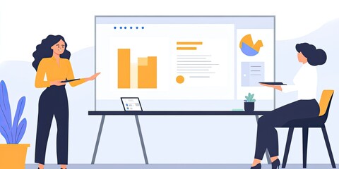 A female executive presenting a strategic plan, while colleagues assess performance metrics and financial projections.