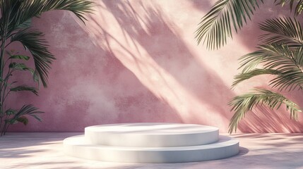 Obraz premium 17.A clean and modern scene with a white circular pedestal standing against a pastel pink backdrop. The design is enriched by art deco-style geometric steps and soft, diffused shadows of tropical