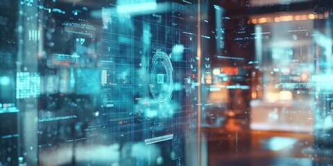 A blurry image showcases a conference room with a digital signature interface on a floating hologram, complemented by an abstract background.