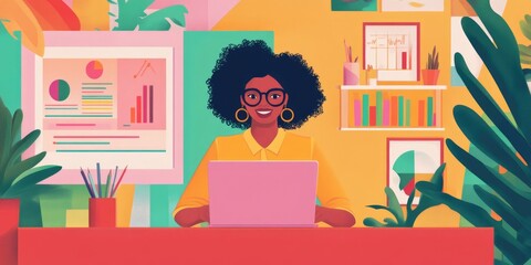 A digital marketer evaluating online performance metrics on a laptop in a colorful and modern workspace.