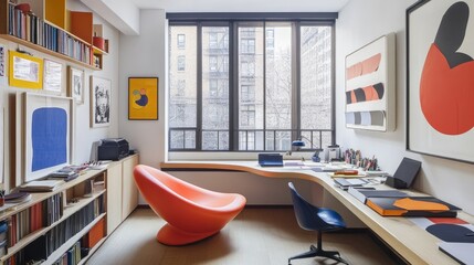 A creative home office featuring a floating desk, colorful chair, and quirky dcor.