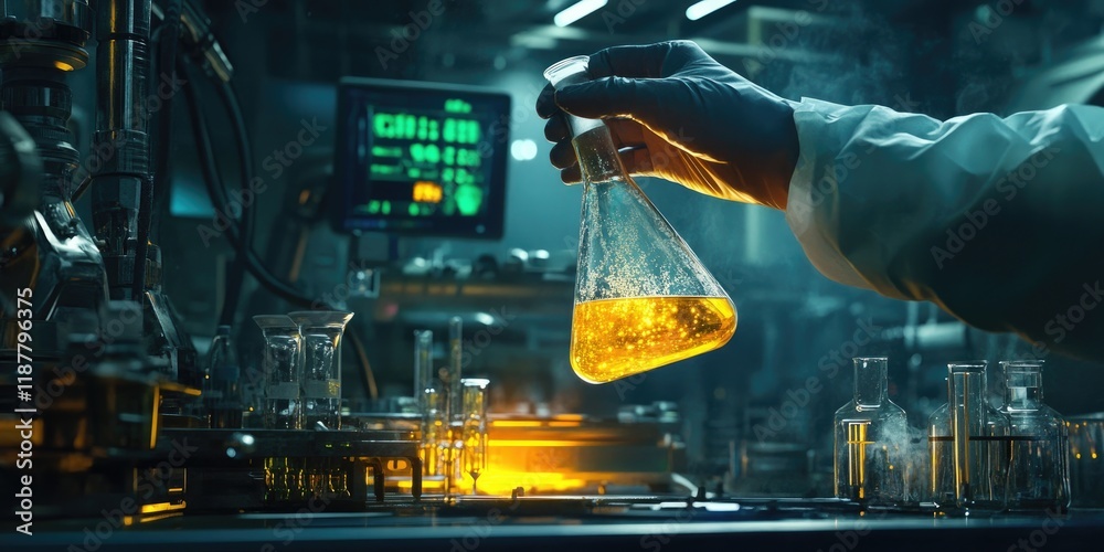 Poster a scientist s hand grasps a flask containing bubbling yellow liquid, set against advanced lab equipm