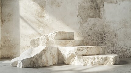 30.An abstract podium setup with uneven, rough-textured white stone blocks arranged in a layered fashion. The minimal backdrop and soft, diffused lighting highlight the raw aesthetic of the broken