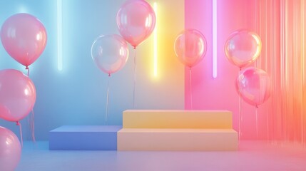 32.A modern pastel scene with translucent balloons illuminated by soft neon lights in pink, blue, and yellow. The colorful backdrop transitions smoothly in hues, adding depth and elegance to the