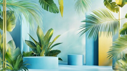 Fototapeta premium 38.A clean, modern composition with alternating blue and golden geometric platforms. Tropical foliage in soft green frames the scene, creating an elegant contrast against the neutral backdrop.
