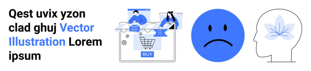 Fototapeta premium Two people shopping online, blue sad face icon, human head with flower symbolizing mental health. Ideal for e-commerce, psychological wellbeing, mental health, online services, consumer behavior