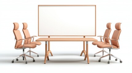 A modern conference room setup featuring a wooden table, four ergonomic chairs, and a large blank whiteboard, ideal for meetings and presentations.