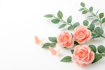 A serene arrangement of soft pink roses and delicate green leaves, complemented by butterflies, creating a tranquil floral composition.