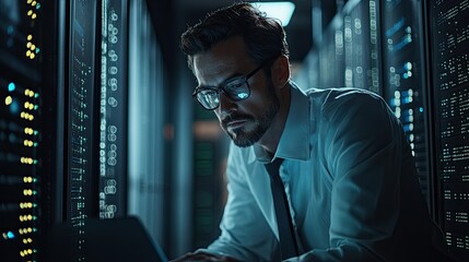Coding professional working on a laptop with an emphasis on big data storage and digital technology. 