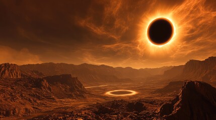 A glowing ring of fire during an annular solar eclipse over a mountain range.