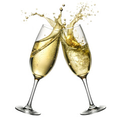 two champagne glasses clinking together in a celebratory toast bubbles rising from the effervescent liquid symbolizing joy success and jubilation against a transparent background