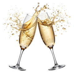 two champagne glasses clinking together in a celebratory toast bubbles rising from the effervescent liquid symbolizing joy success and jubilation against a transparent background