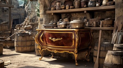 A kitchen scene featuring a commode with wooden shelves above, stocked with cookware.