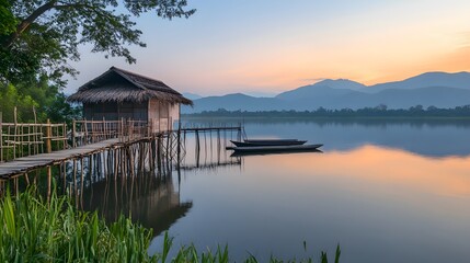 Fototapeta premium Tranquil Lakeside Hut with Boats at Sunset
