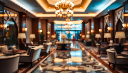 A luxury hotel interior with elegant decor, highlighted by soft blurred bokeh lighting, creating a warm and inviting ambiance, perfect as a design backdrop