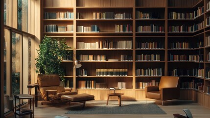 Modern library or bookstore interior with Learning and coworking space,relax zone,Library with rows of bookshelves arranged,school,university,shared desk and chairs,panoramic window.