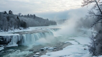Fototapeta premium waterfall in the mountains surrounded by fog