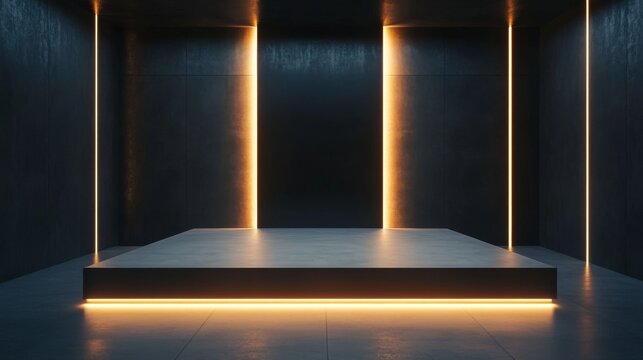 82.A modern abstract scene with a smooth, rectangular podium surrounded by soft ambient lighting. The minimalistic composition emphasizes simplicity and sophistication, ideal for showcasing products.