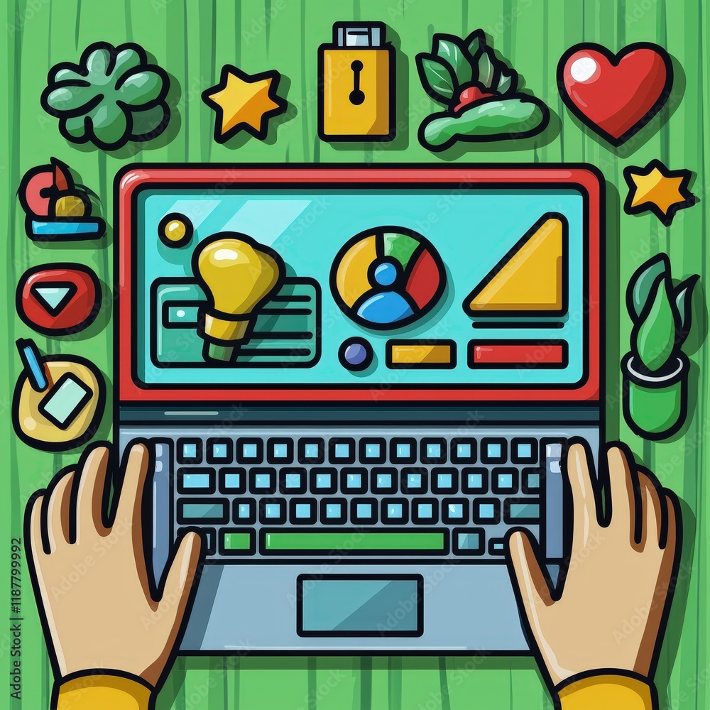 Poster hands typing on a laptop keyboard surrounded by colorful icons symbolizing creativity innovation and